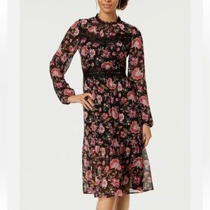 Nine West Long Sleeve Chiffon Lace Midi Black Floral Print dress